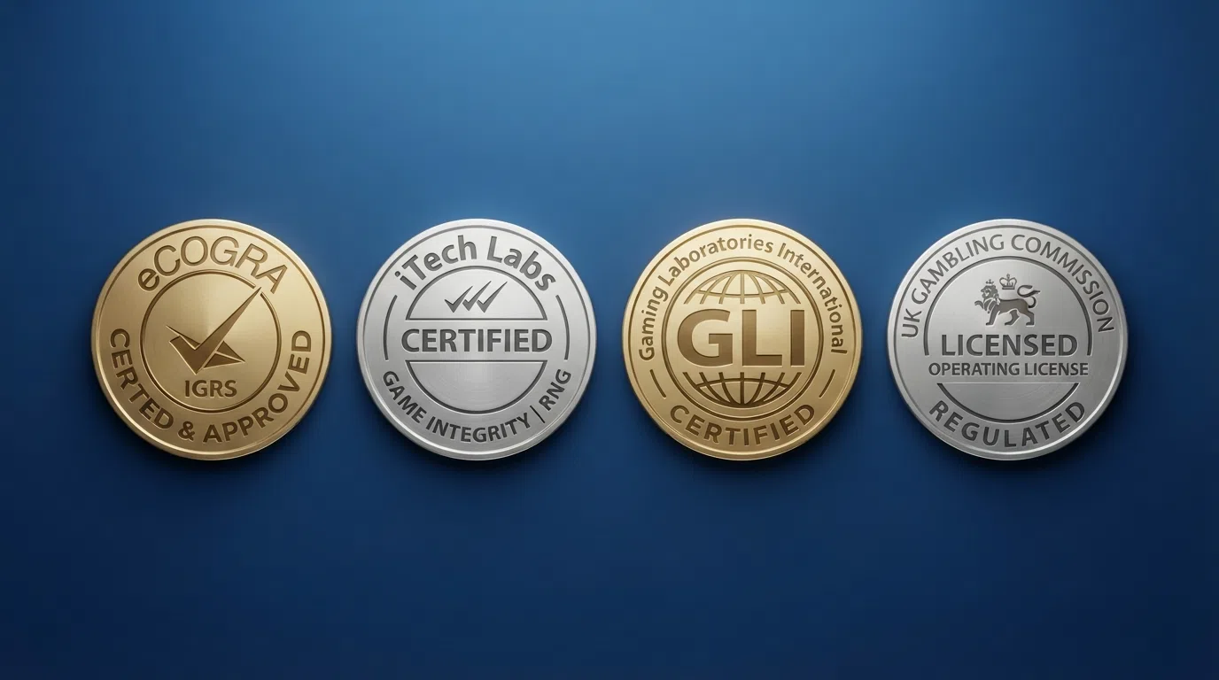 The certification seals of eCOGRA, Gaming Laboratories International and iTech Labs arranged beside the UKGC logo, with a simplified flow diagram showing the path from provider RTP certification to in-game display.