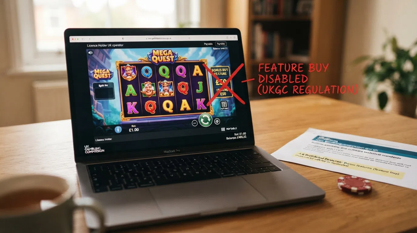 Screenshot of the UK Gambling Commission website alongside an annotated slot interface showing the bonus buy button location with a red cross through it