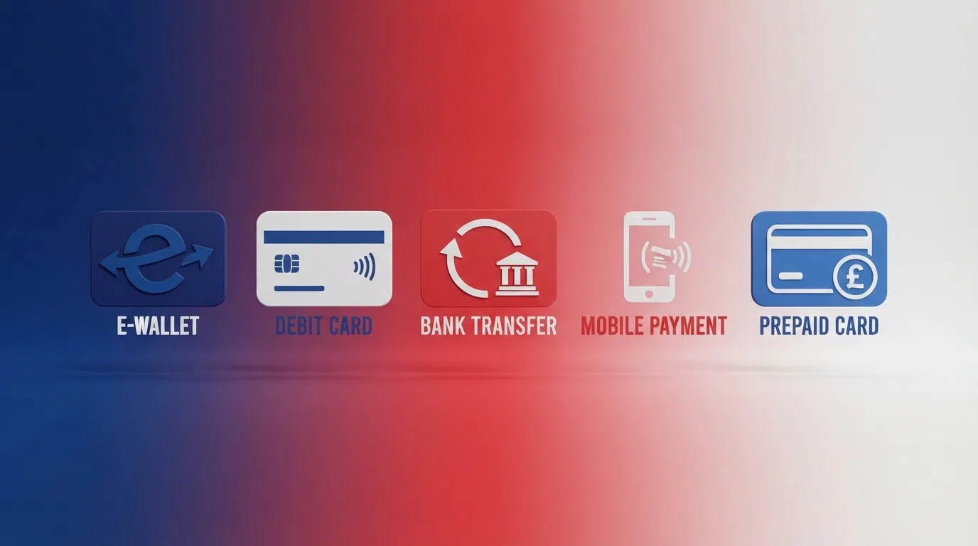 A side-by-side grid of UK casino payment-method logos — PayPal, debit card, Trustly, Apple Pay, Skrill — arranged on a Union Jack or UKGC-branded background