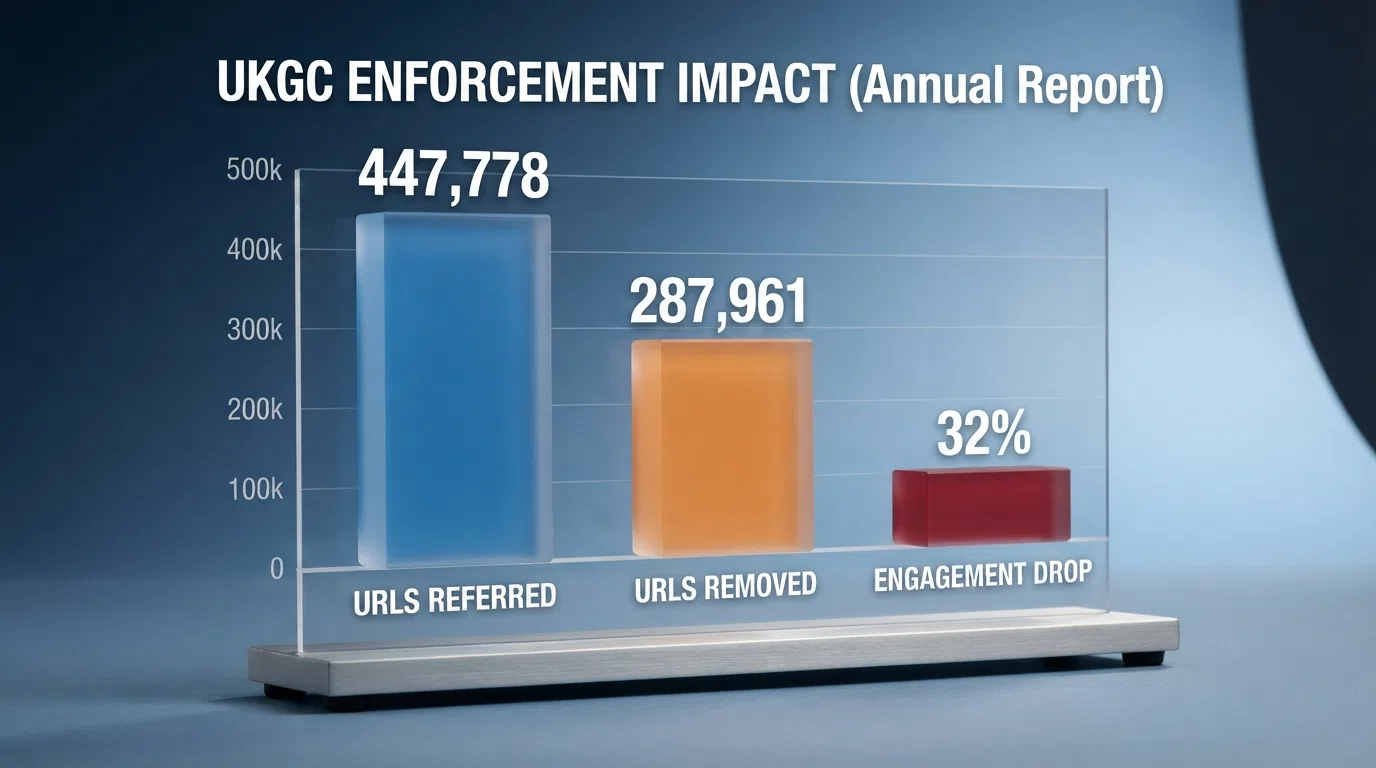 A simplified bar chart showing 447,778 URLs referred, 287,961 removed and a 32% engagement drop across 160 disrupted sites, overlaid with the UKGC logo and the words “April 2024–June 2025”