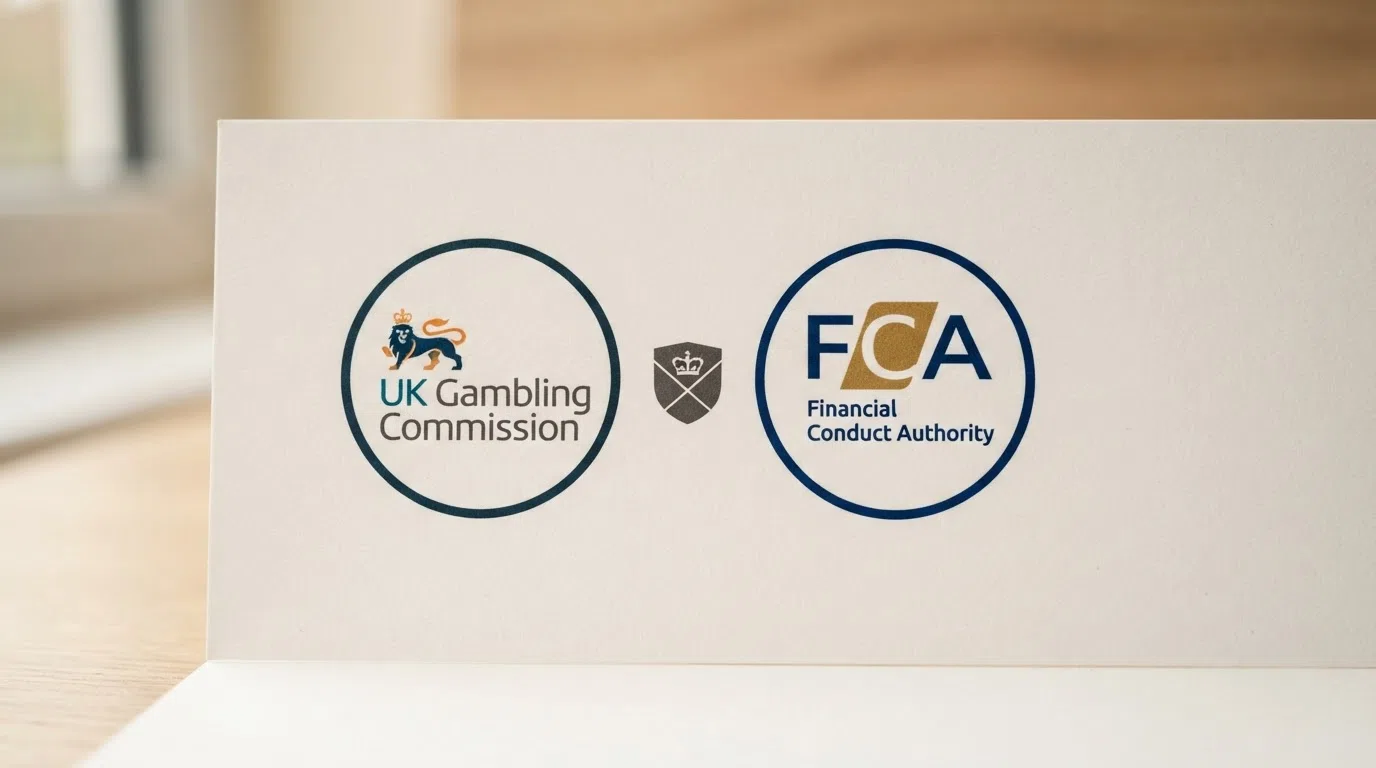 The UK Gambling Commission logo beside the Financial Conduct Authority logo, linked by a shield icon representing the dual-regulator protection for ecoPayz casino players