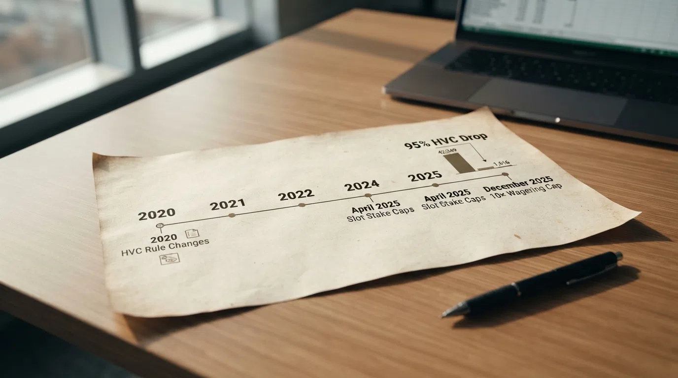A timeline graphic showing key UK regulatory dates affecting VIP programmes — 2020 HVC rule changes, April 2025 slot stake caps, December 2025 10× wagering cap, and the 95% HVC drop statistic.