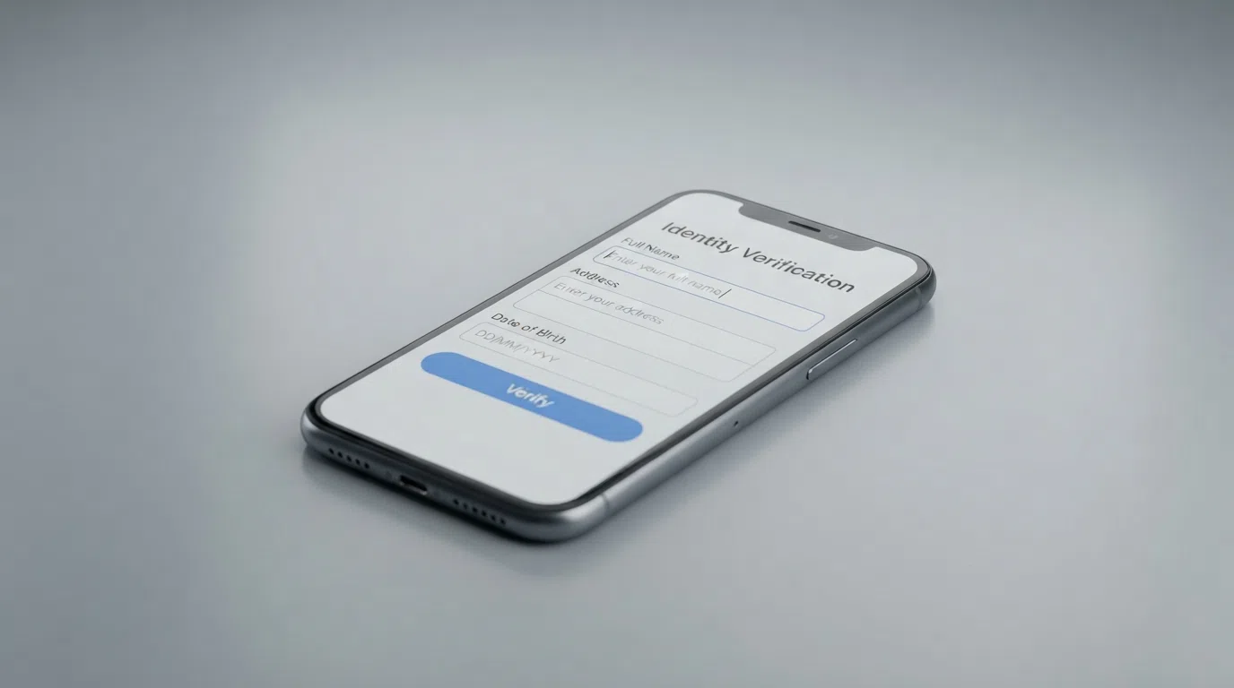 A phone screen showing an identity check that asks for name, address and date of birth
