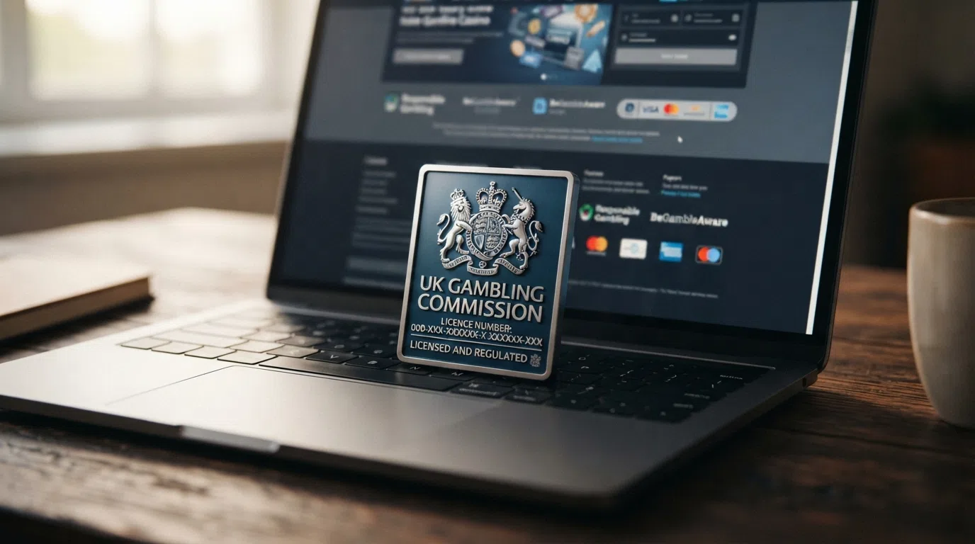 A close crop of a UK Gambling Commission licence badge with the lion-and-crown crest, displayed in the footer of a casino homepage above the words “Licensed and regulated by the Gambling Commission.”