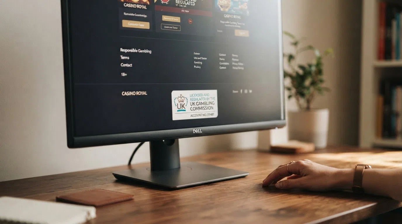 A close crop of a UK Gambling Commission licence badge displayed in the footer of a casino website, with the licence number and “Licensed and regulated by the Gambling Commission” text clearly legible