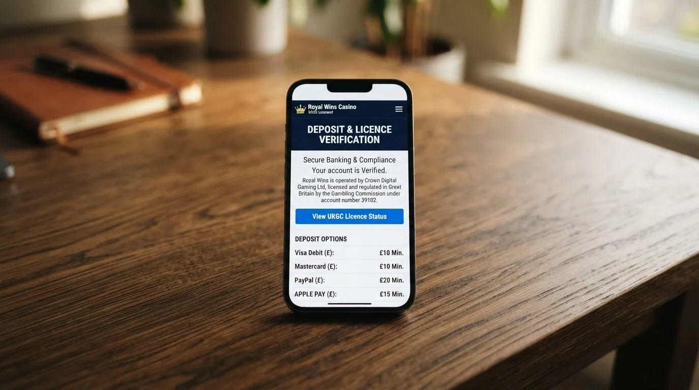 A mobile screen displaying a UK Gambling Commission licence badge in a casino website footer