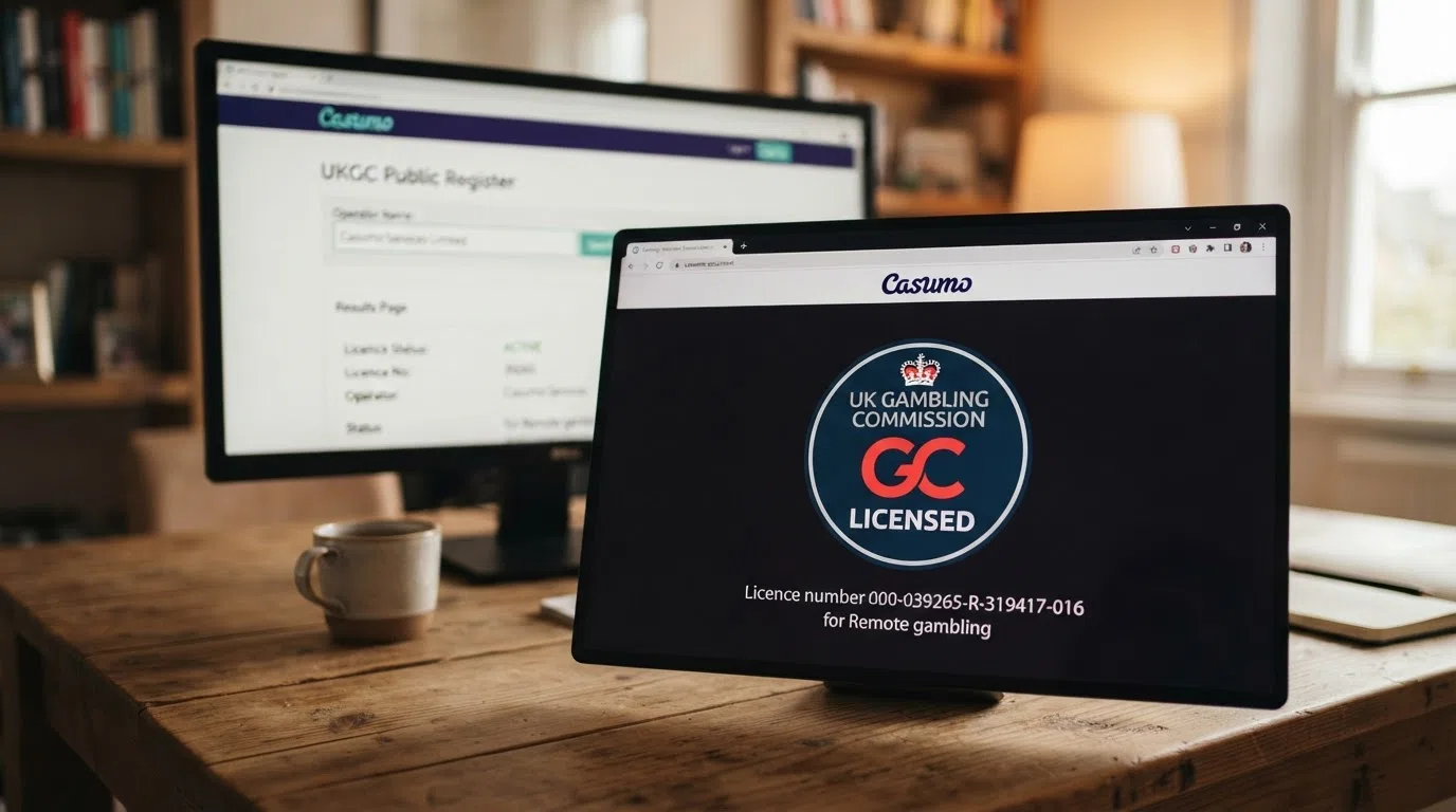 A close-up of a UK Gambling Commission licence badge on a casino footer, with the public-register search box visible on a second screen behind it