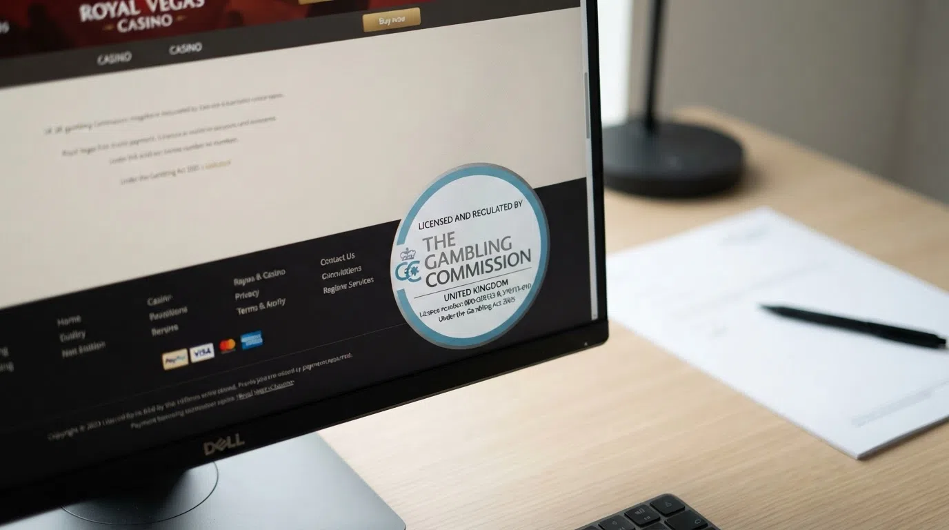 A close crop of a UK Gambling Commission licence badge on a casino footer, with the words “Licensed and regulated by the Gambling Commission” clearly legible