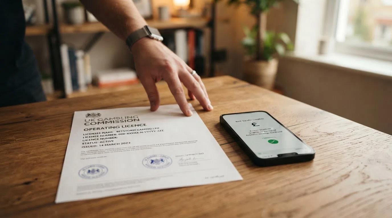 A Gambling Commission licence certificate next to a bank transfer confirmation screen on a smartphone