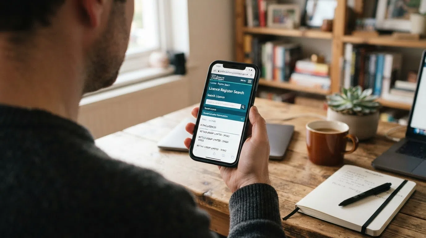 A UK Gambling Commission licence-register search page open on a phone screen