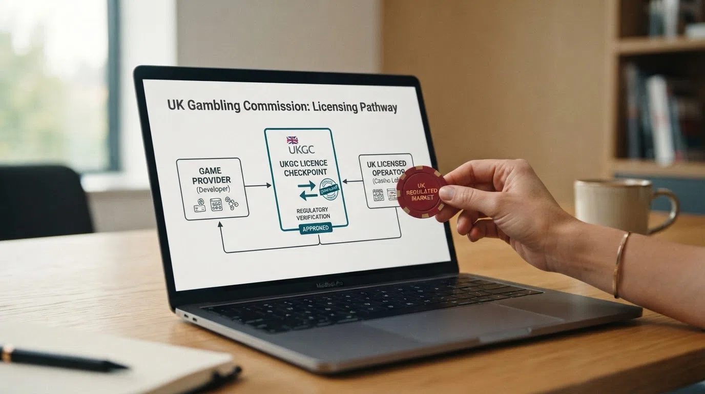 A UK Gambling Commission logo alongside a simplified visual of the licensing checkpoint between a game provider and a UK casino lobby