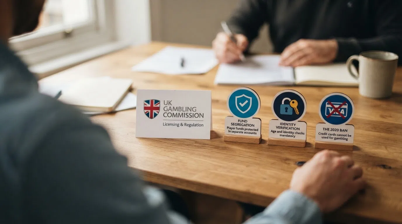 The Gambling Commission logo alongside three labelled icons representing the key player protections: a shield (fund segregation), a lock (identity verification), and a crossed-out credit card (the 2020 ban).