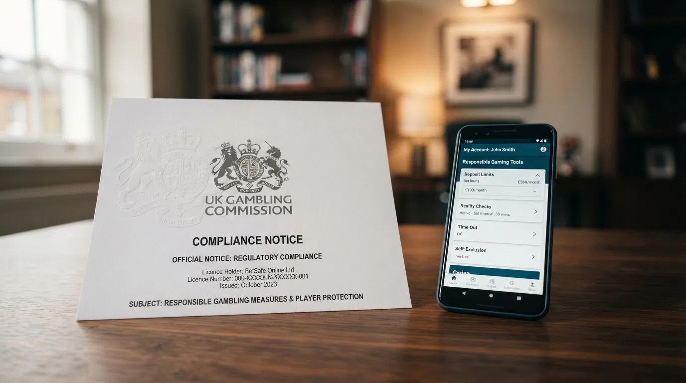 The UK Gambling Commission crest on a white document beside a smartphone showing a casino account menu with deposit-limit and reality-check options visible