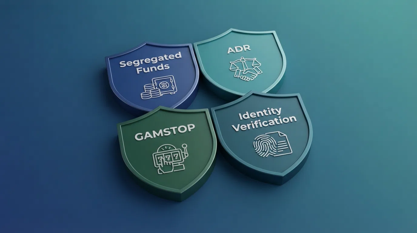 A shield icon with the Gambling Commission logo beside icons for segregated funds, ADR, GAMSTOP, and identity verification, laid out as four protection pillars