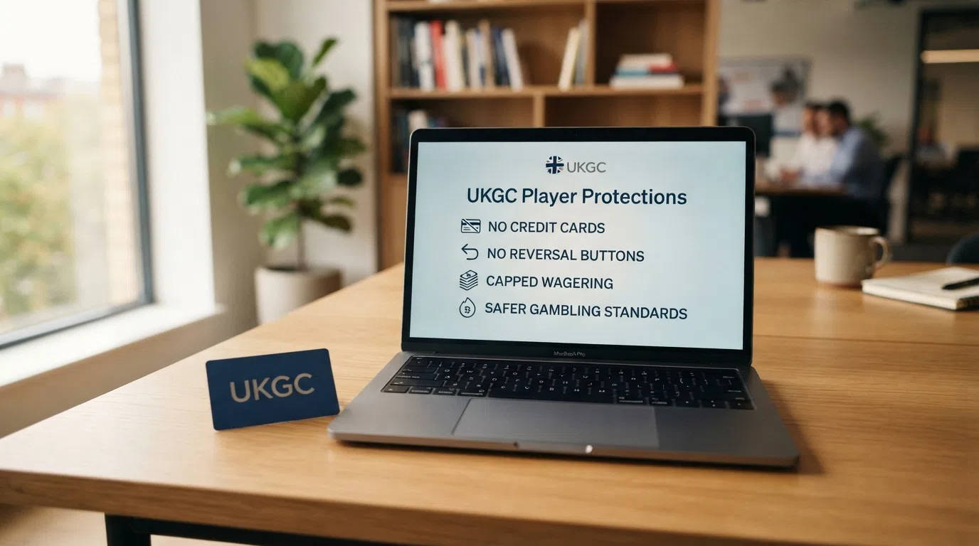 The UK Gambling Commission logo on a navy background beside a simplified checklist of player protections — no credit cards, no reversal buttons, capped wagering