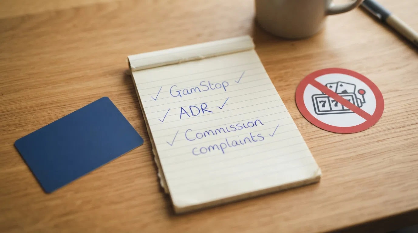 A UKGC licence badge beside a red-crossed-out offshore casino logo, with a checklist of British player protections (GamStop, ADR, Commission complaints) underneath