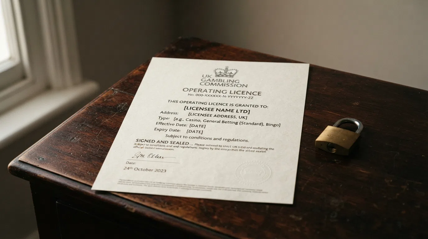 A UK Gambling Commission operating-licence certificate with a padlock icon, positioned beside a warning symbol over a generic offshore casino logo
