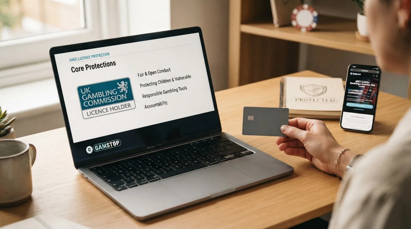 A UK Gambling Commission logo beside icons representing the core player protections — GAMSTOP, deposit limits, ADR and the credit-card ban