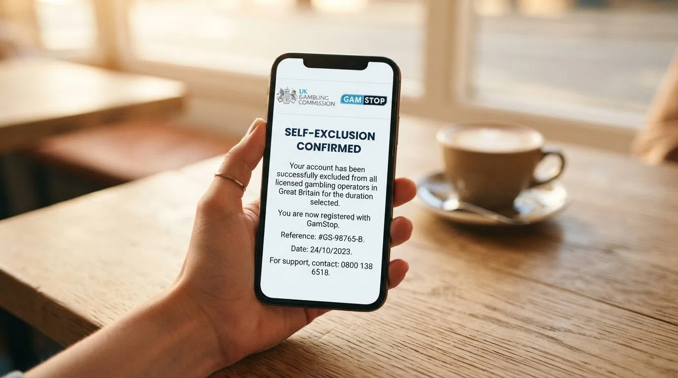 The UK Gambling Commission official logo next to a GamStop self-exclusion confirmation screen on a mobile phone display