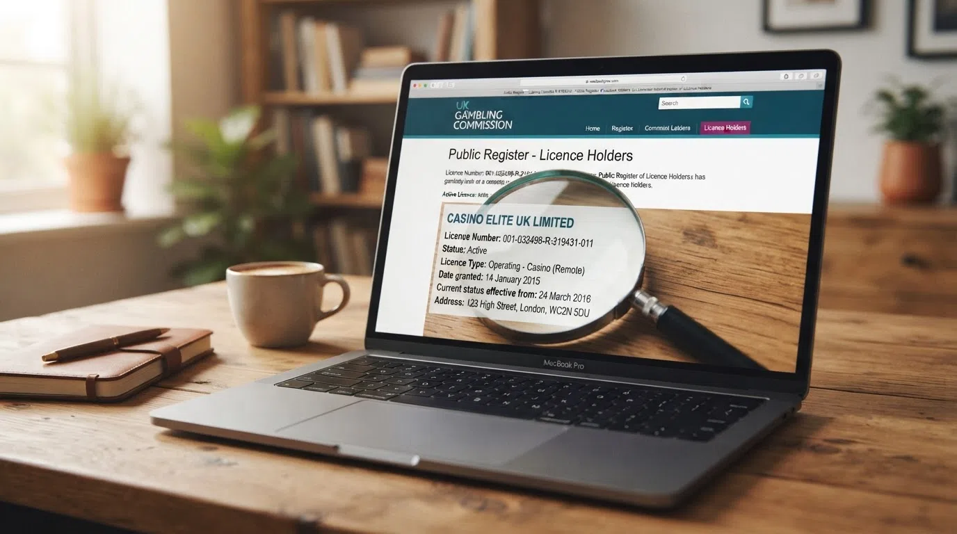 A laptop screen showing the Gambling Commission's online public register of licence holders, a magnifying glass highlighting an active licence entry