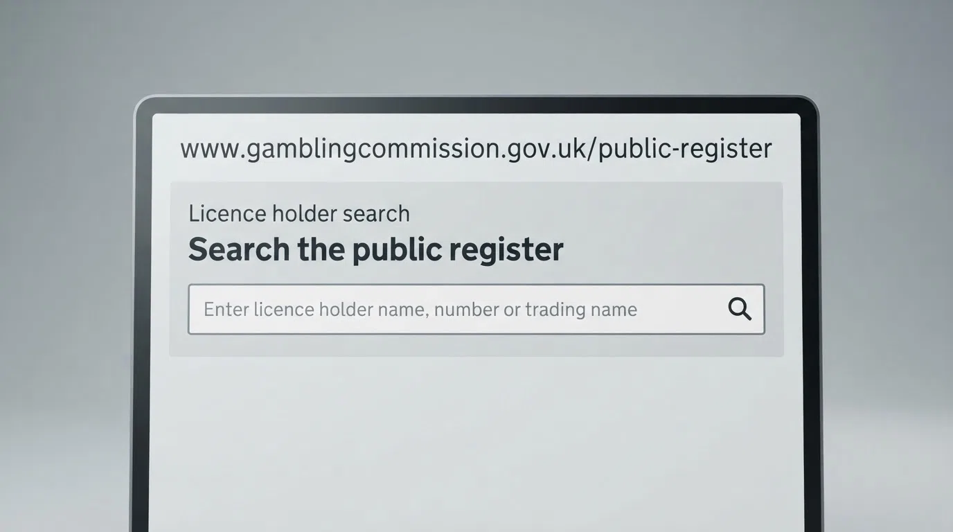 A cropped screenshot of the UK Gambling Commission public register search interface, with the register URL and licence-holder search field visible