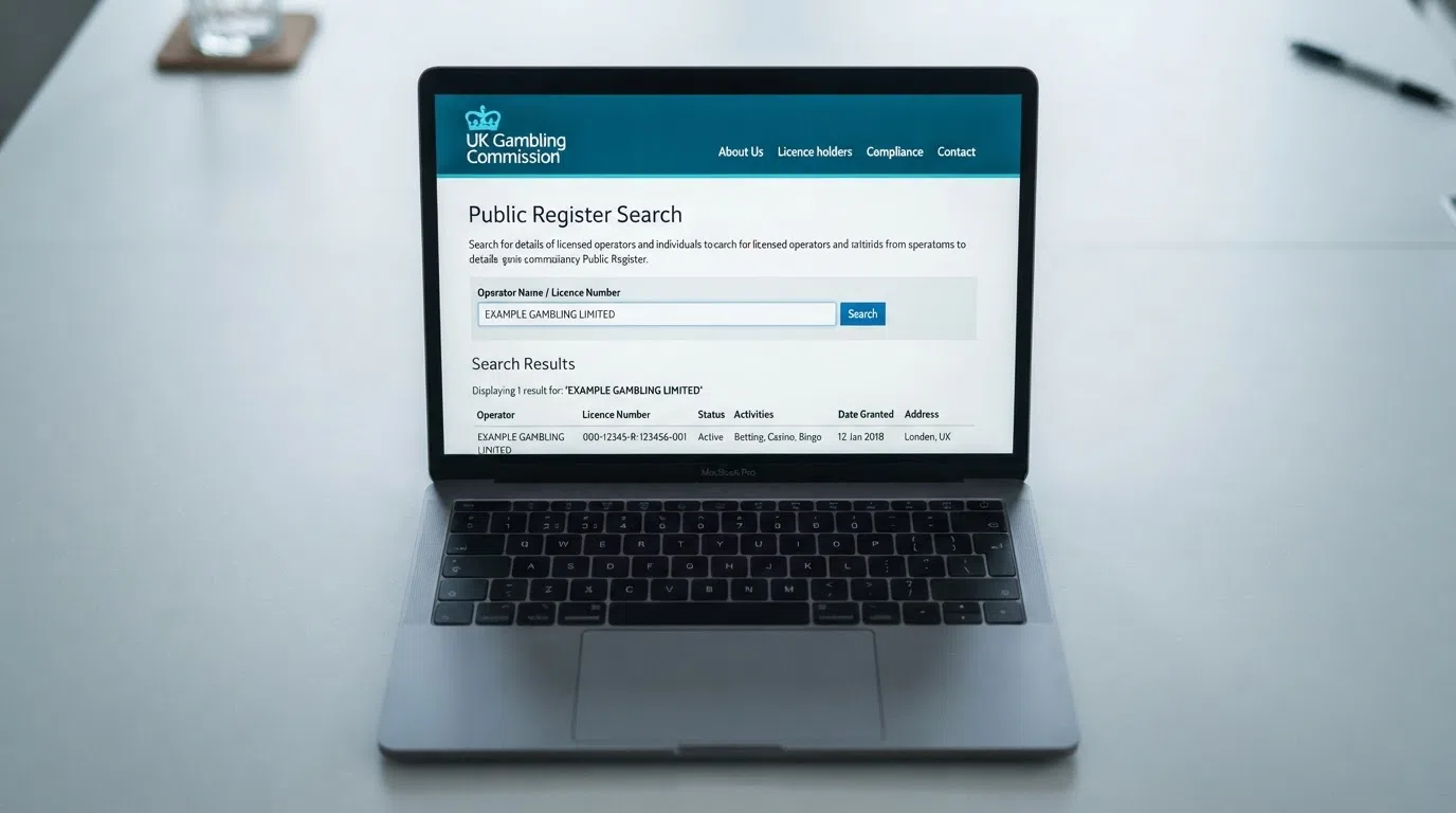 A screenshot of the Gambling Commission public register search page with a licensee name entered and the active-status result visible