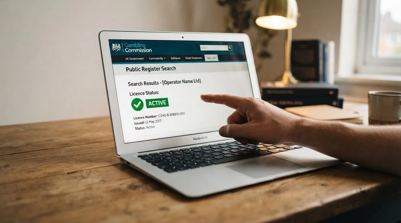 A UK Gambling Commission licence badge next to a green “Active” status tick on the public register