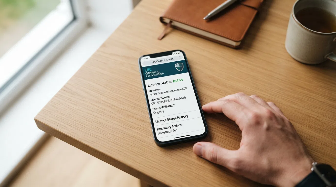 A UK Gambling Commission public-register search result showing an operator's active licence status, account number, and the “Casino Remote” licence type against the Commission's official header