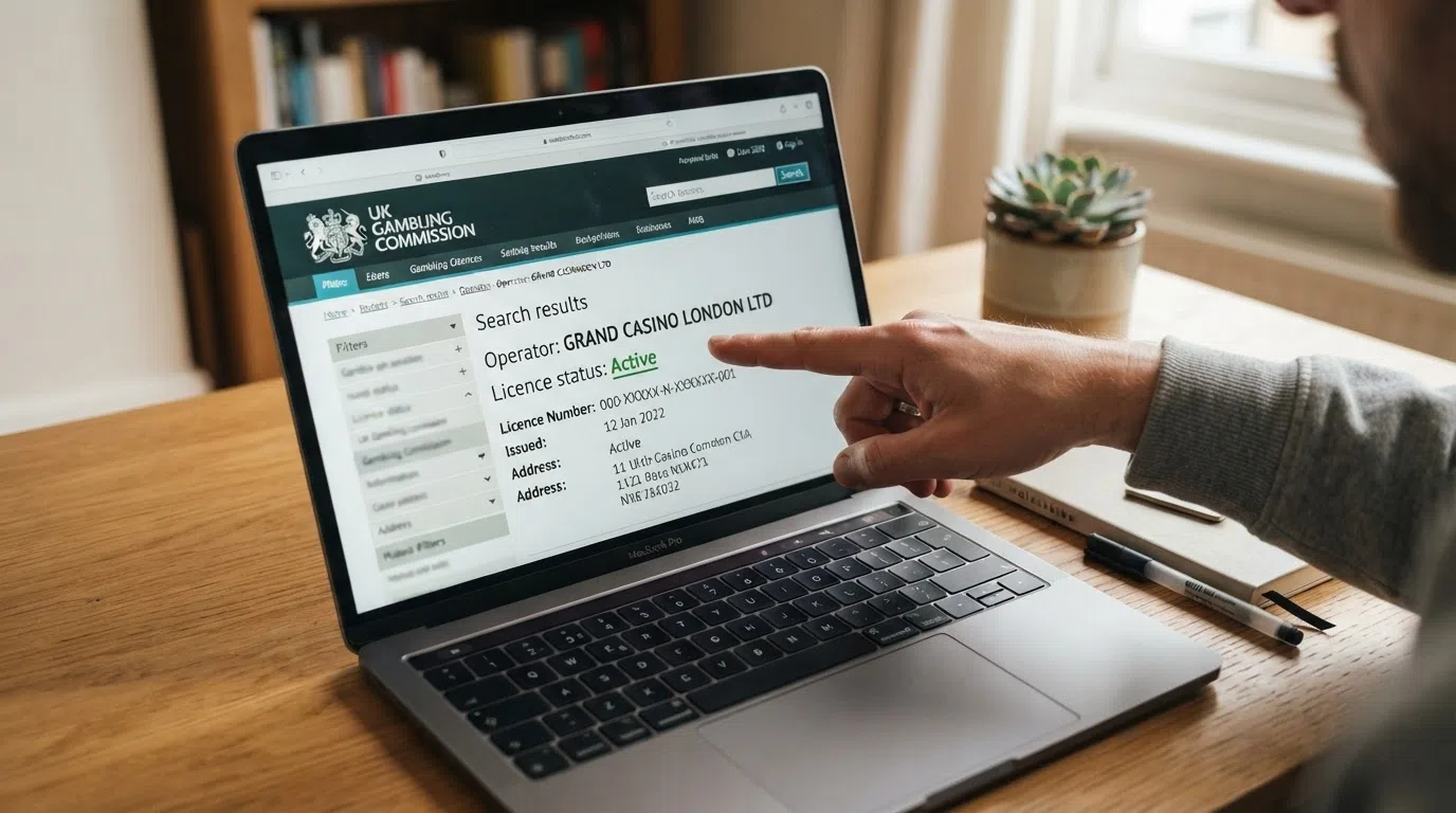 A UKGC public-register search result showing a casino operating licence status as Active, with the Gambling Commission logo visible