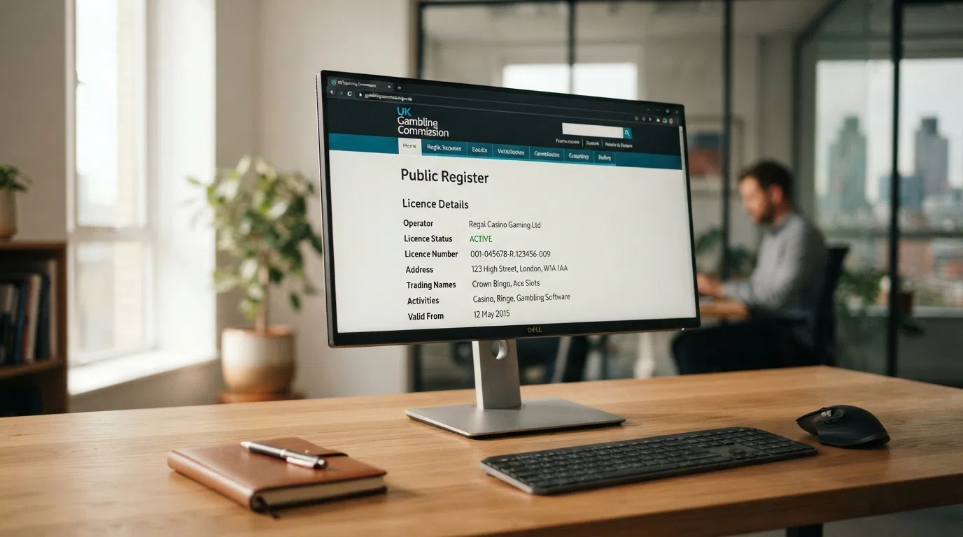 A browser window open to the Gambling Commission public register, with a casino operator's licence details visible