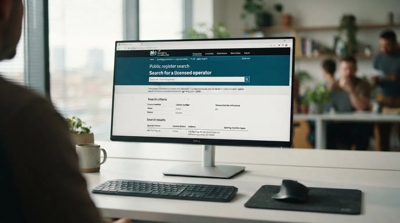 A browser window showing the Gambling Commission public register search page with “Search for a licensed operator” visible and a UKGC header