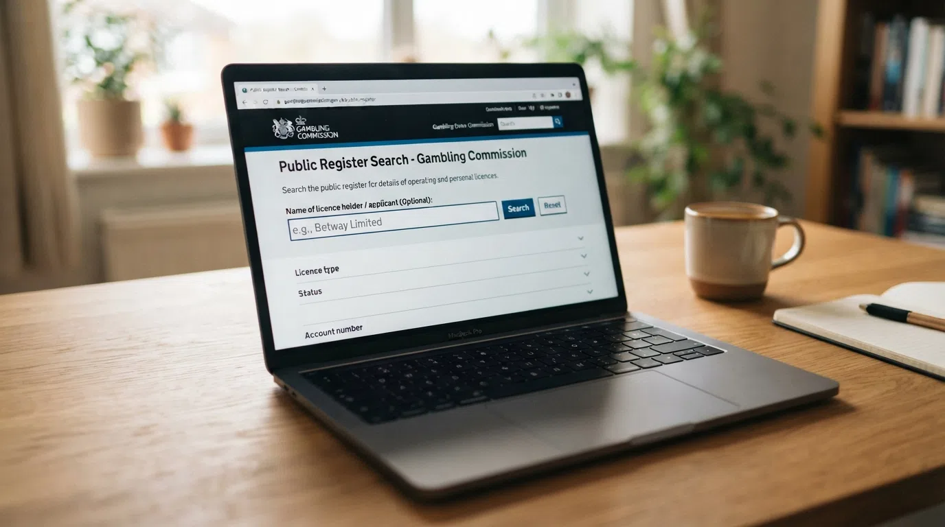 A close-up or screenshot-style view of the Gambling Commission public register search interface with a business-name field visible