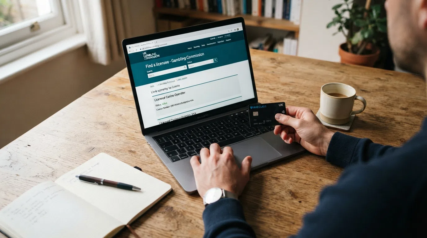 The Gambling Commission public register search interface showing an active operator licence status, business name and licence number