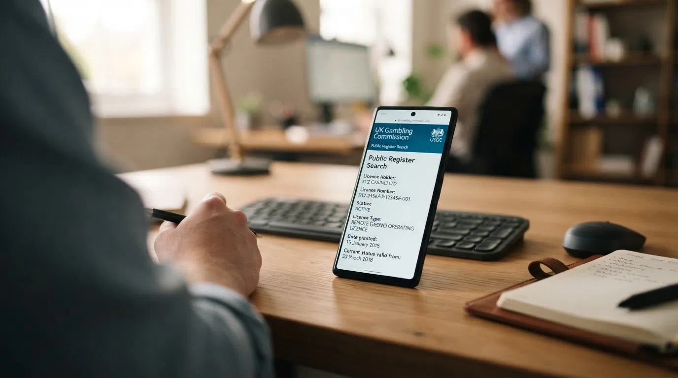 A close-up of a smartphone screen showing the UK Gambling Commission public register search interface with a licence record displayed