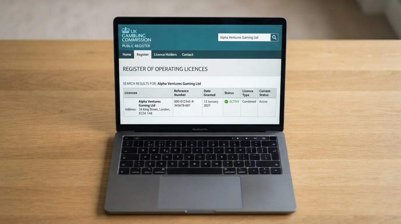 A close-up crop of the UK Gambling Commission public register entry showing a licence status field and the words “active”