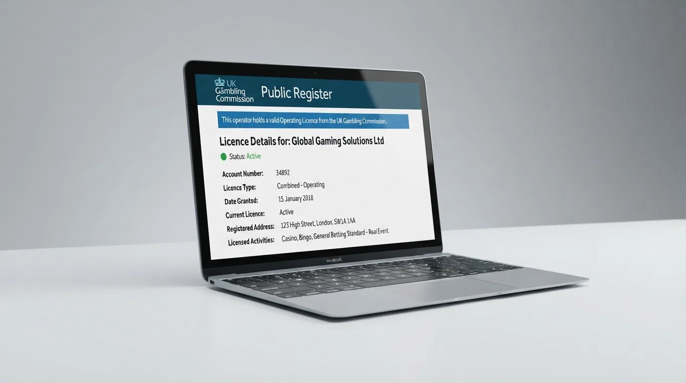 A UK Gambling Commission public register search result page showing a licence entry with the operator name and account number visible