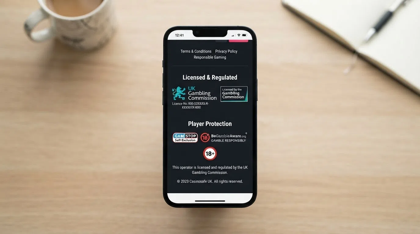 The footer of a UK-licensed casino website showing the UK Gambling Commission licence number, GamStop logo, BeGambleAware badge and 18+ age-restriction symbol