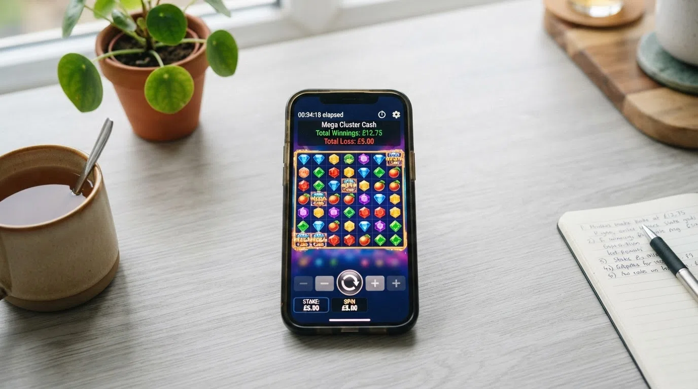 A smartphone screen showing a UK-licensed slot interface with the session timer, total win/loss display and stake selector capped at £5.00