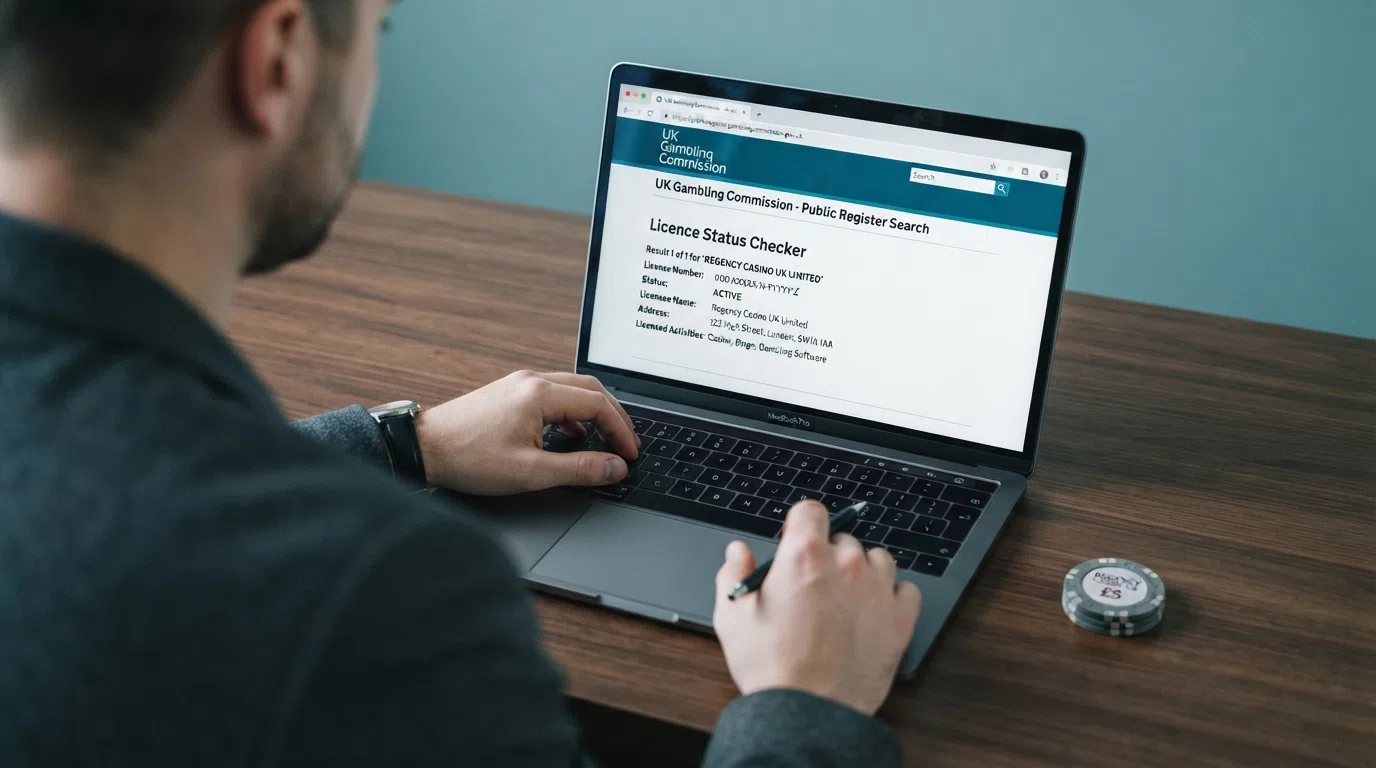 A screenshot of the Gambling Commission's public register search interface showing an operator's licence details, with the register's .gov.uk domain visible in the browser bar