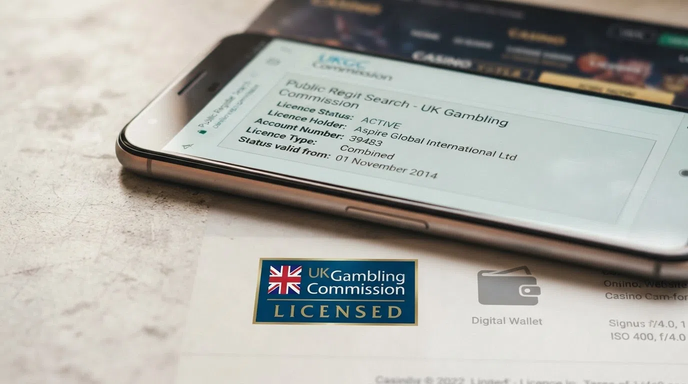 A close-up of a UKGC licence badge on a casino footer next to the AstroPay deposit logo, with a smartphone displaying the UKGC public register search page beside it