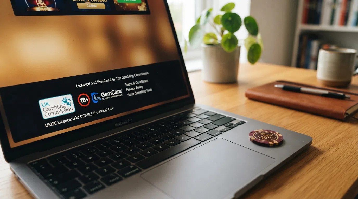 A UK Gambling Commission licence badge and registration number displayed in a casino website footer alongside a responsible-gambling logo ribbon