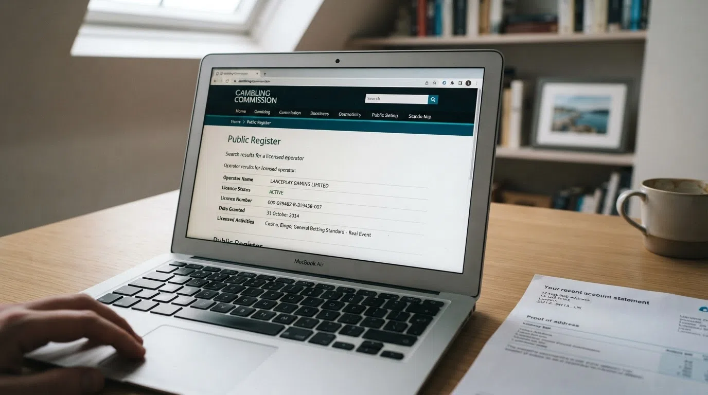 A close-up of a laptop screen showing the UK Gambling Commission public register search interface with an operator licence entry displayed