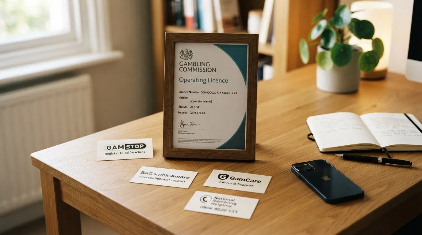 A UK Gambling Commission licence certificate beside the GAMSTOP, GamCare, and BeGambleAware logos on a clean white background