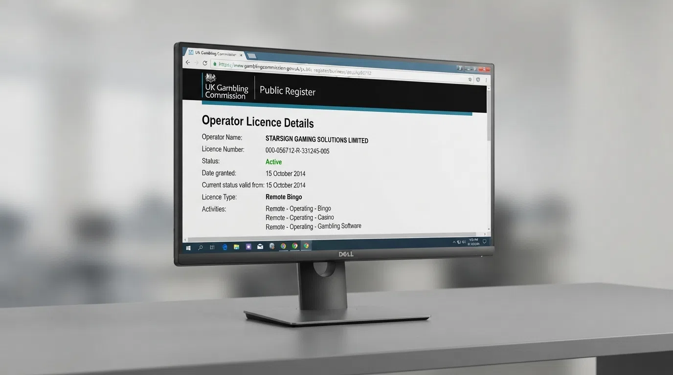 A desktop browser window open to the UK Gambling Commission public register, showing a sample operator's licence details — status “Active,” licence type “Remote Bingo,” with the URL bar reading gamblingcommission.gov.uk