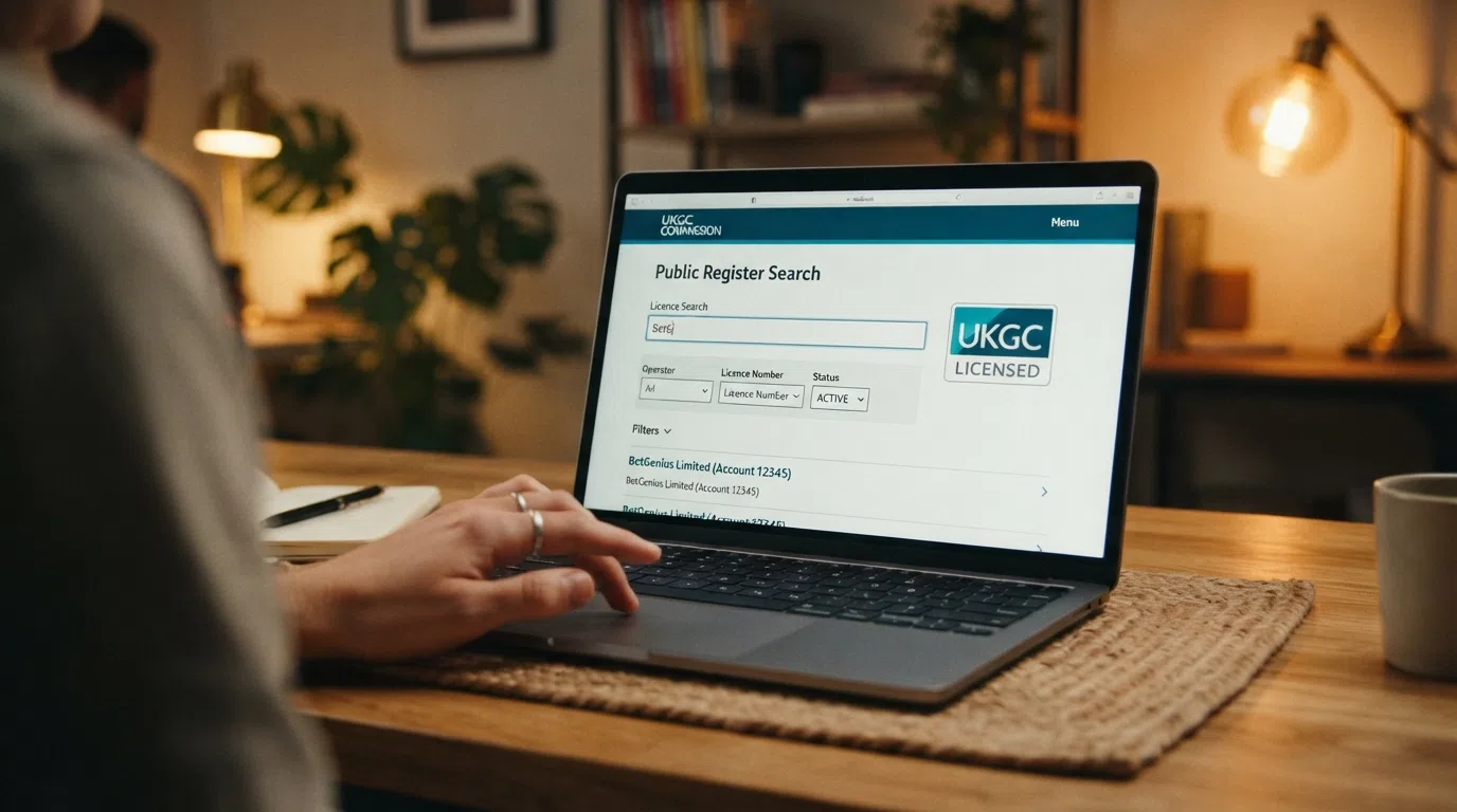 A close-up of a UK Gambling Commission licence badge beside a search bar displaying the public register interface