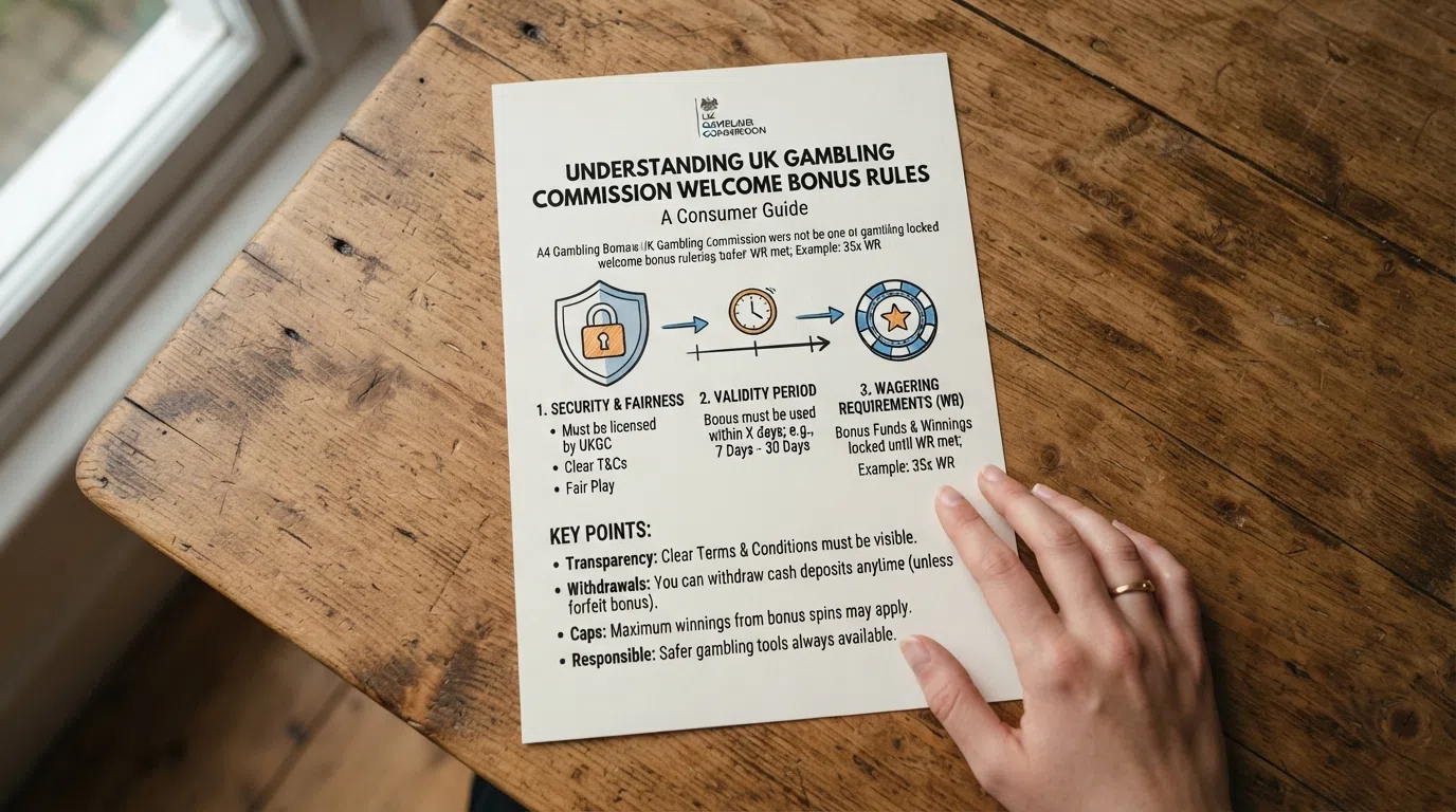 The UK Gambling Commission logo on a regulatory information page alongside key bonus rule highlights