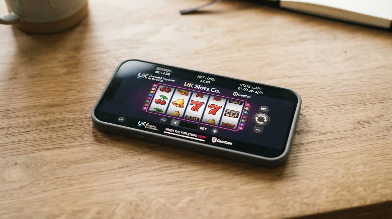 A smartphone showing a UK-licensed slot game interface with the mandatory session timer, total-loss display and stake-limit indicator visible in the overlay