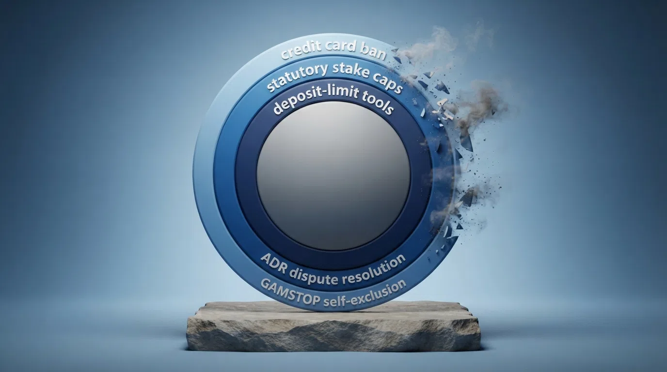 A layered diagram showing the five protection rings a UKGC licence provides: GAMSTOP self-exclusion, ADR dispute resolution, deposit-limit tools, statutory stake caps, and the credit card ban — with the rings vanishing one by one as a player moves to an offshore casino
