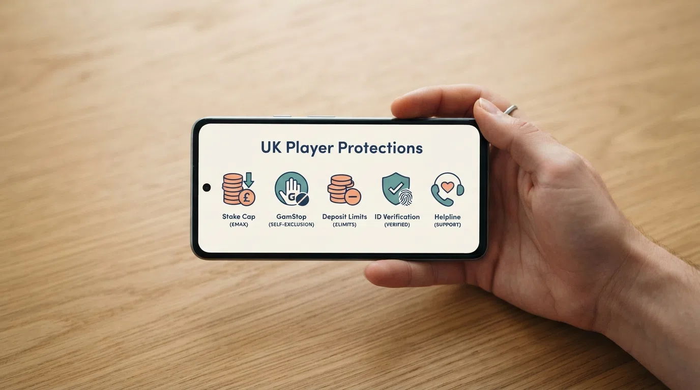 A clear infographic showing the five key UK player protections — stake cap, GamStop, deposit limits, ID verification and the helpline number — with the UKGC logo