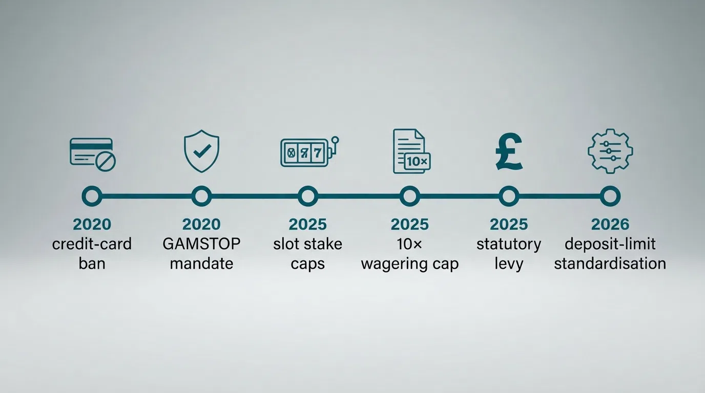 A timeline infographic spanning 2020 to 2026 with six labelled milestones: credit card ban, GAMSTOP mandate, slot stake caps, 10× wagering cap, statutory levy, and deposit-limit standardisation